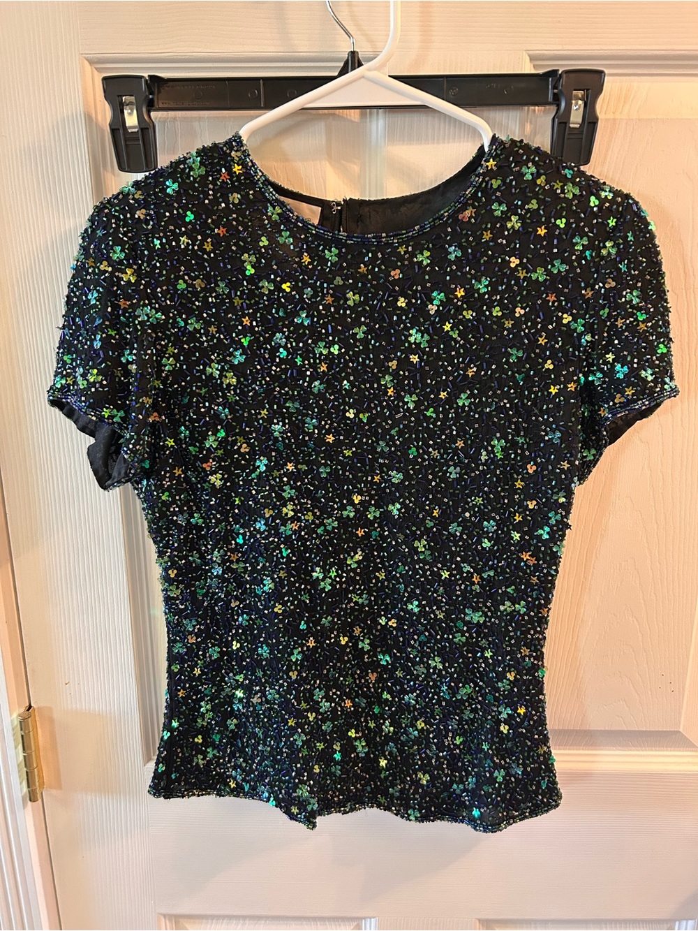 Laurence Kazar Black Short-Sleeve Sequin Tee with Iridescent Stars